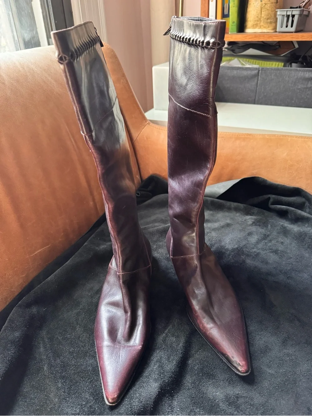Alberta Ferretti Tall Leather knee high Boots deep purple maroon pointed toe